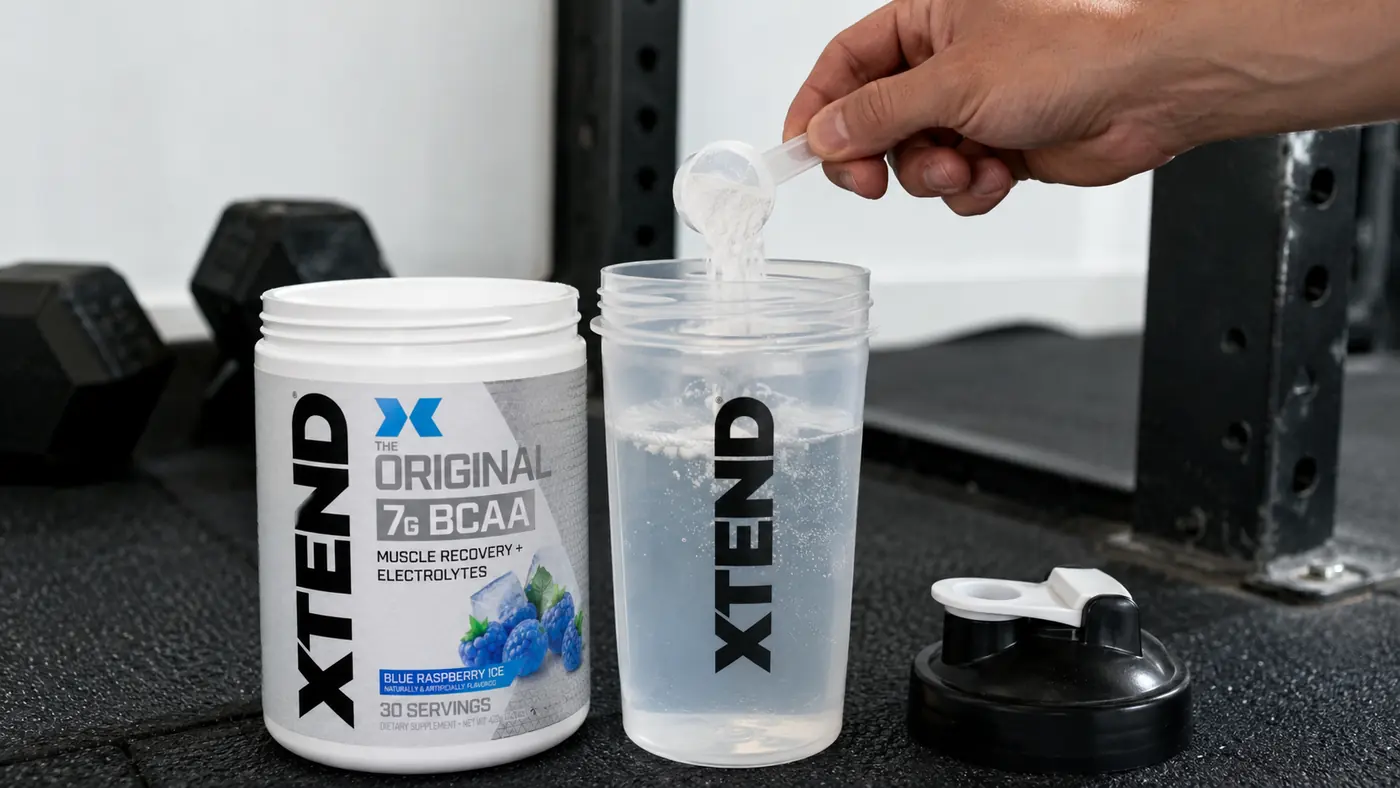 Hand pouring blue raspberry BCAA powder into a shaker bottle before a lifting session