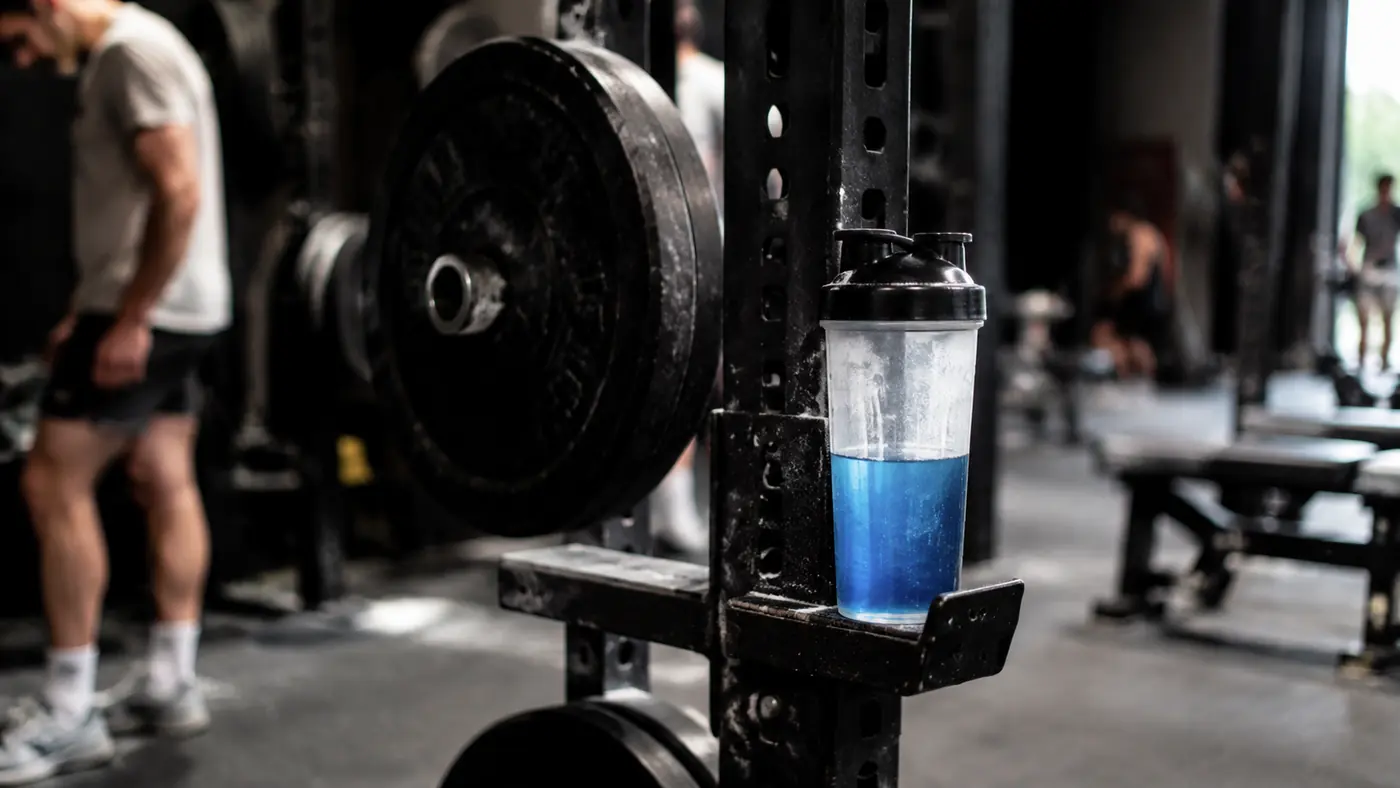 A shaker bottle resting on a barbell rack between sets during a lifting session