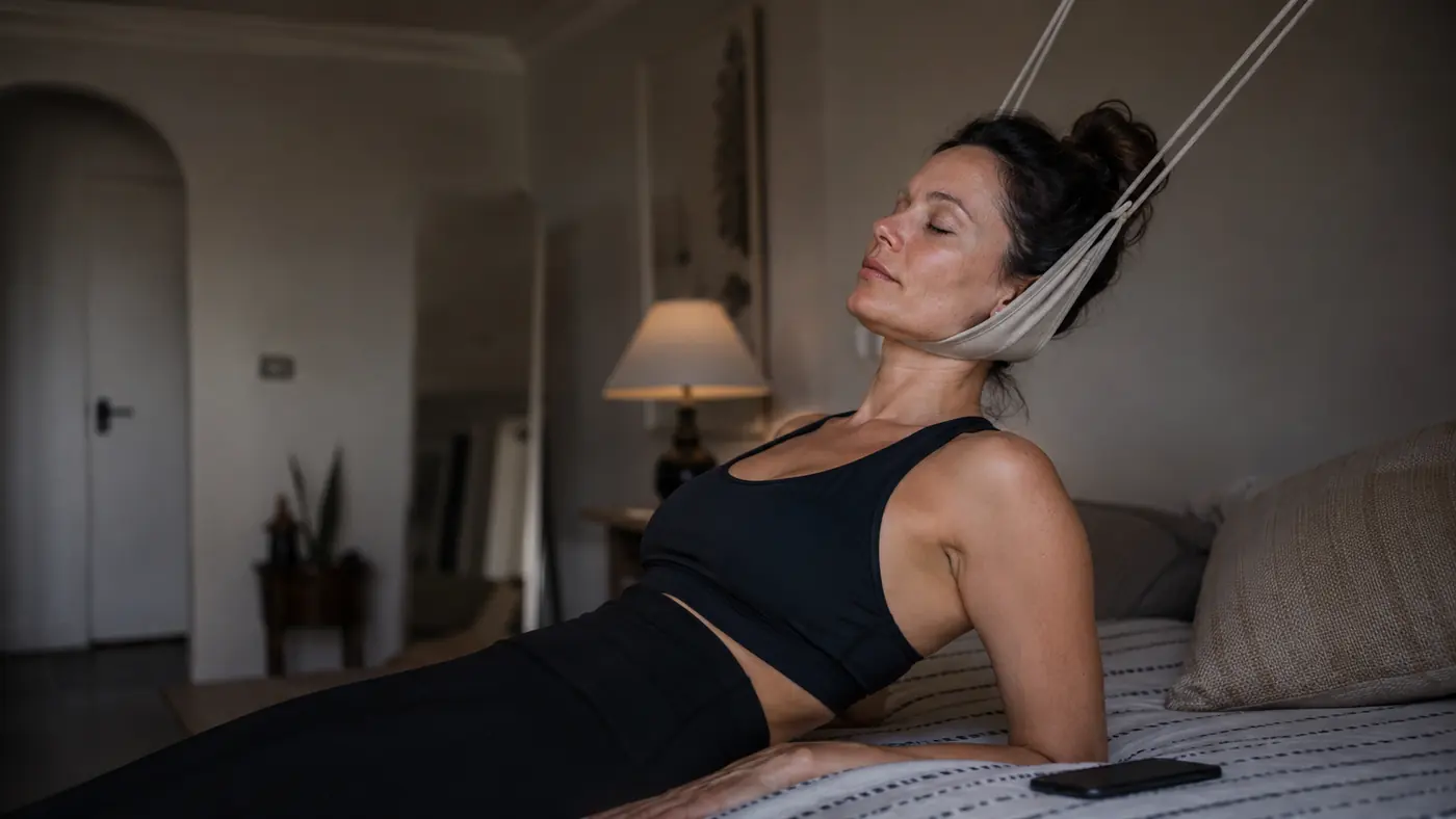 A woman lying back in a neck hammock with eyes closed, jaw and shoulders visibly relaxed