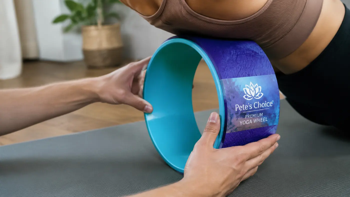 Hands positioning a yoga wheel under the mid back before a thoracic rolling session