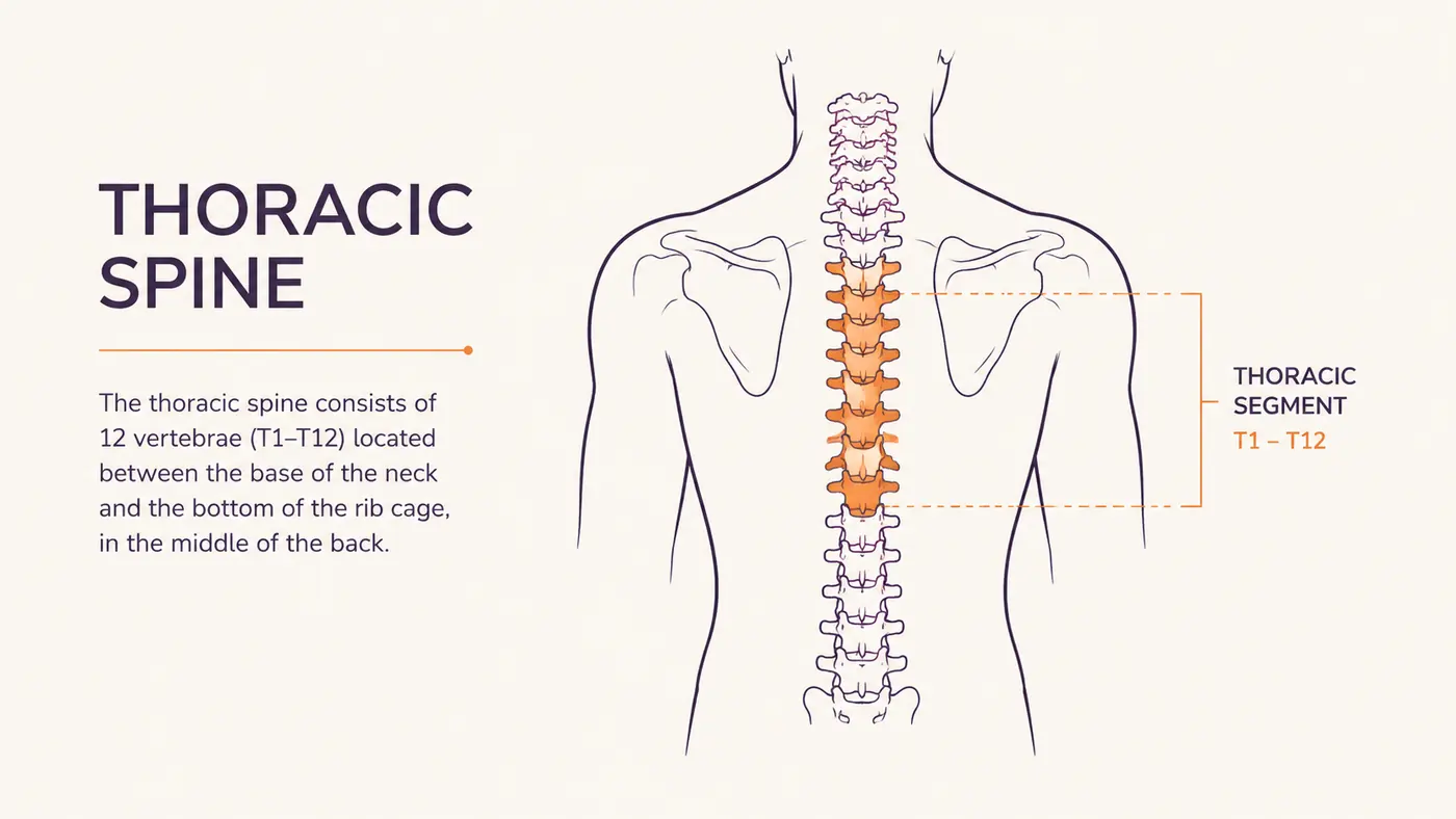 Simple diagram highlighting the thoracic spine segment between the shoulder blades where a yoga wheel applies extension