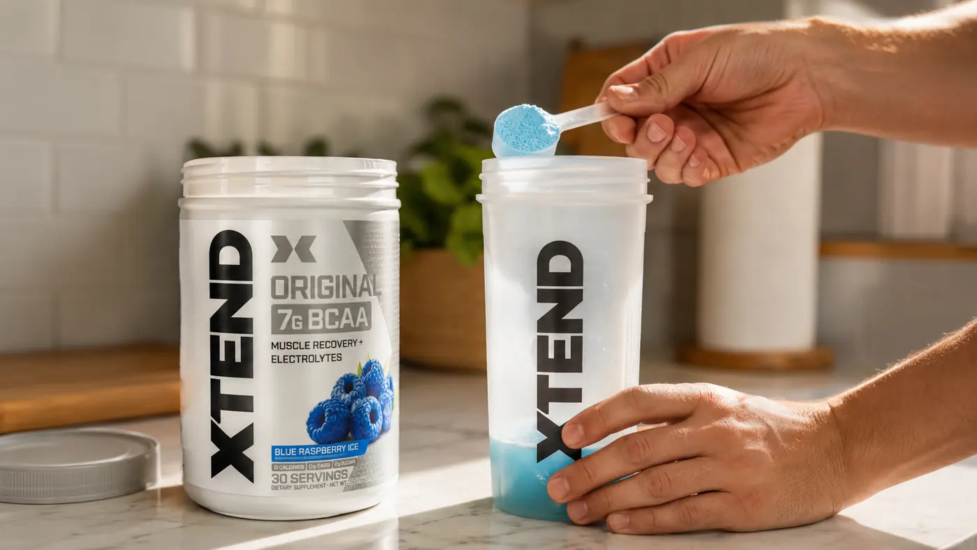 Hands scooping blue raspberry BCAA powder into a shaker bottle before a morning lifting session