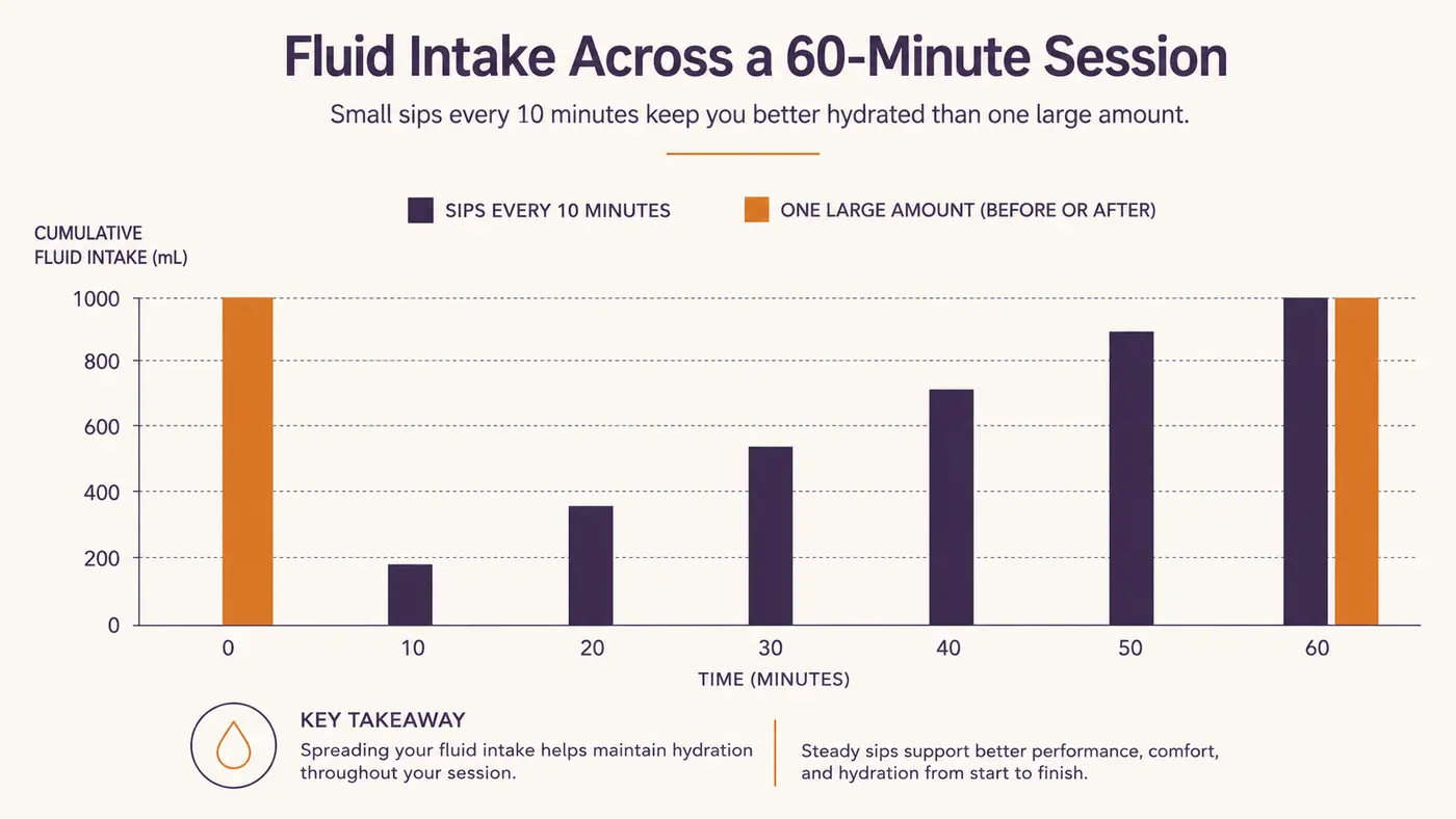 Chart showing fluid intake spread evenly across a training session versus loaded all at once before or after