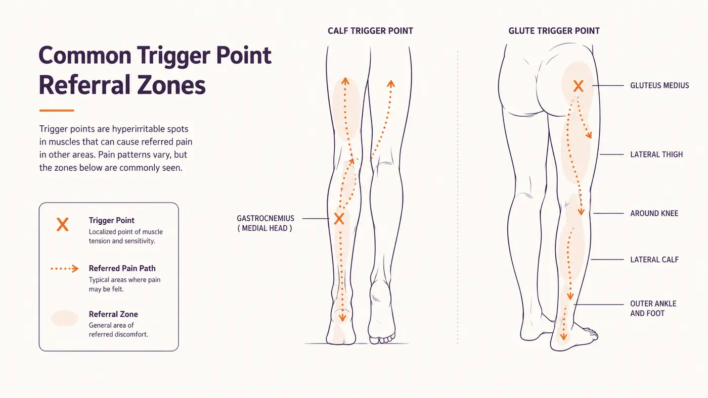 Diagram showing common trigger point referral zones in the calf and glute