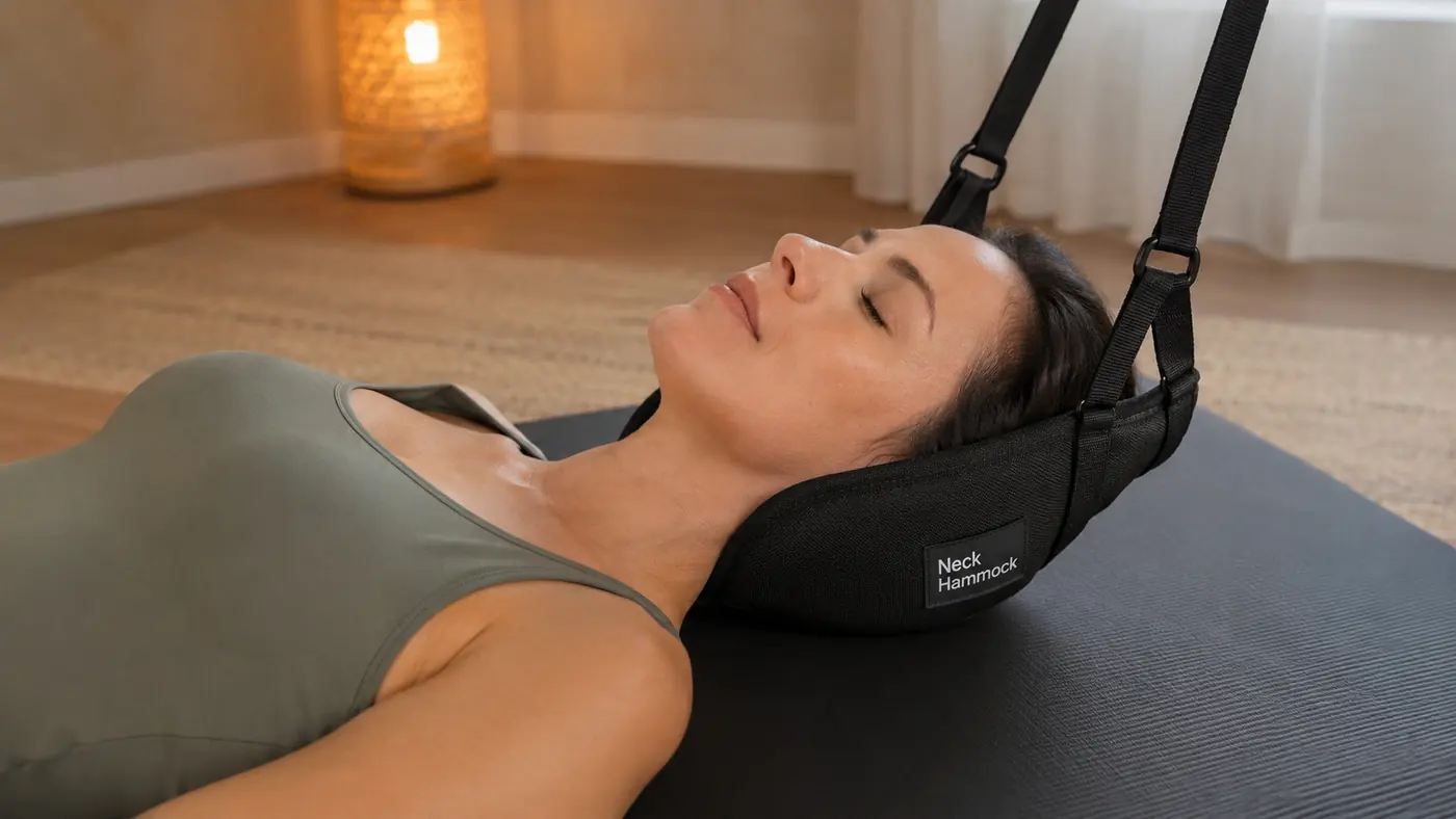 Lying on a mat with the head resting in a neck hammock sling, eyes closed, evening light