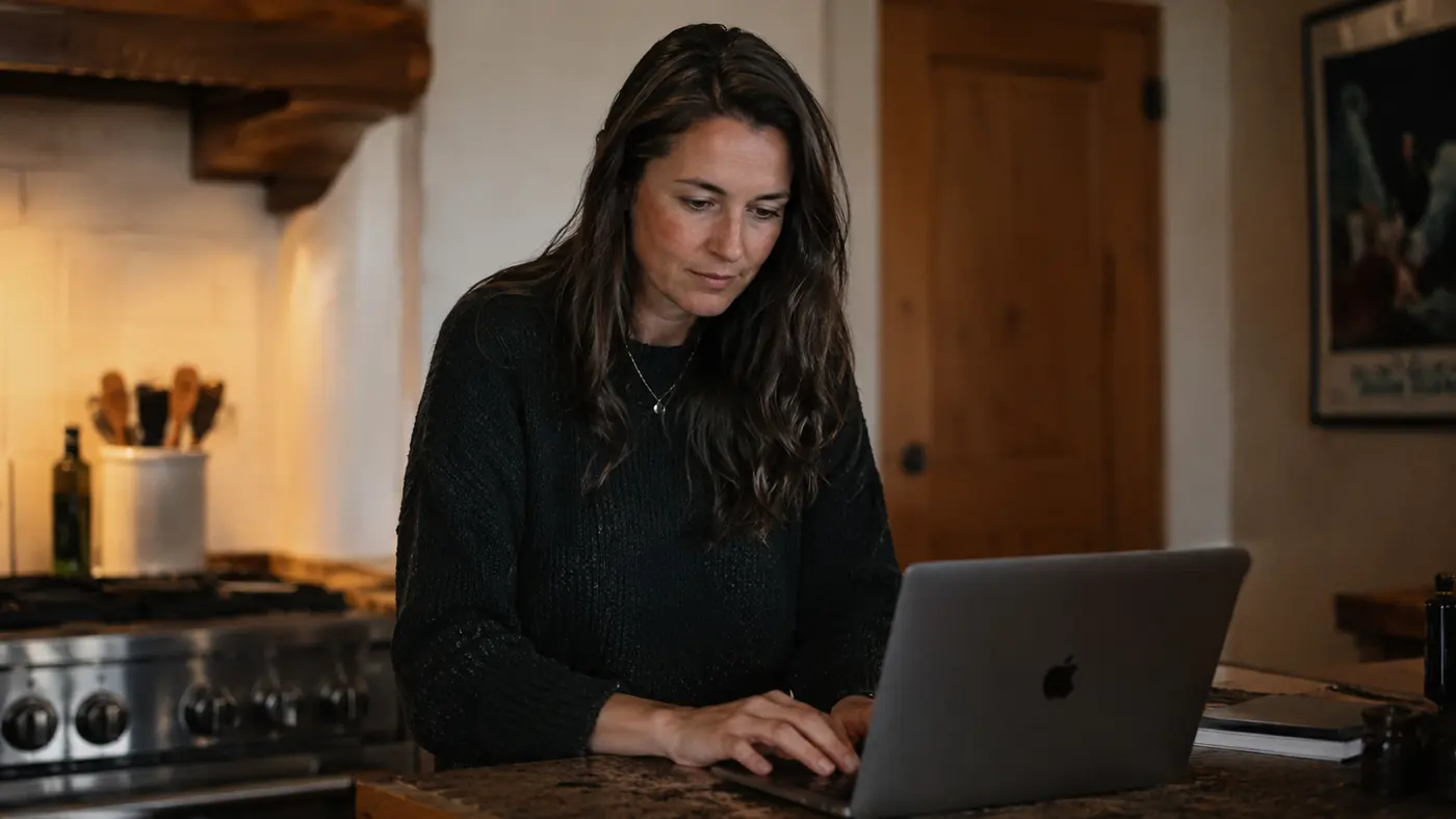 A woman doing client notes on a laptop at a kitchen counter in the evening, shoulders rounded forward