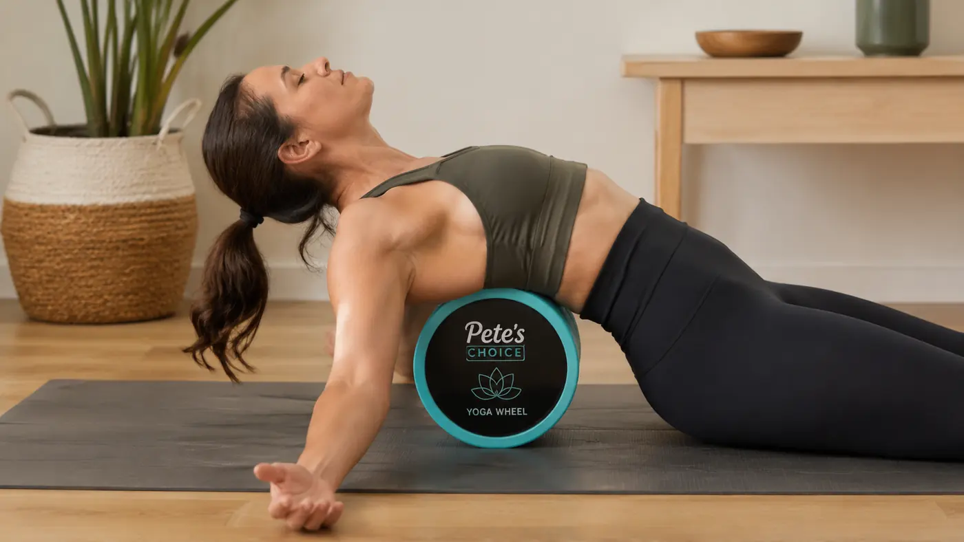 Person draped passively backward over a yoga wheel in a supported extension hold