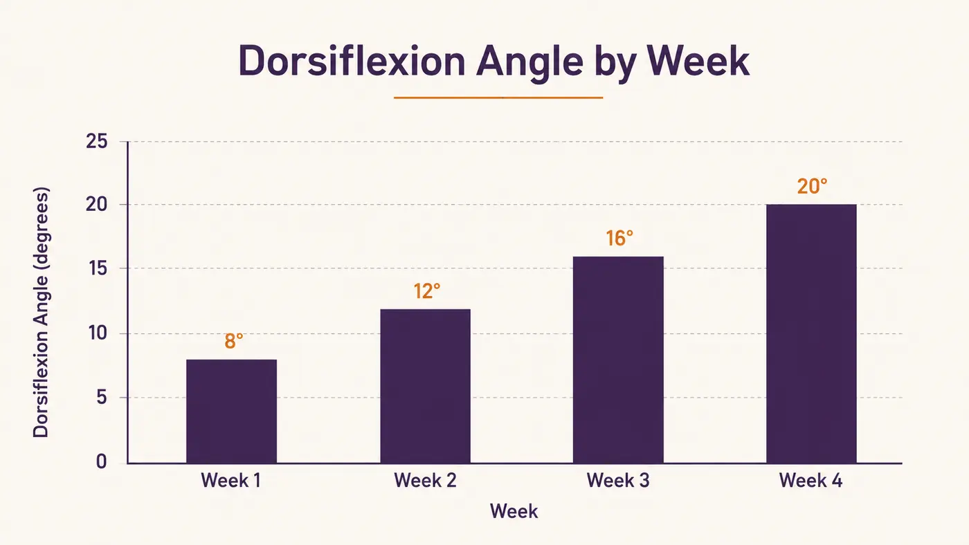 Chart showing dorsiflexion angle increasing gradually across four weeks of night splint use