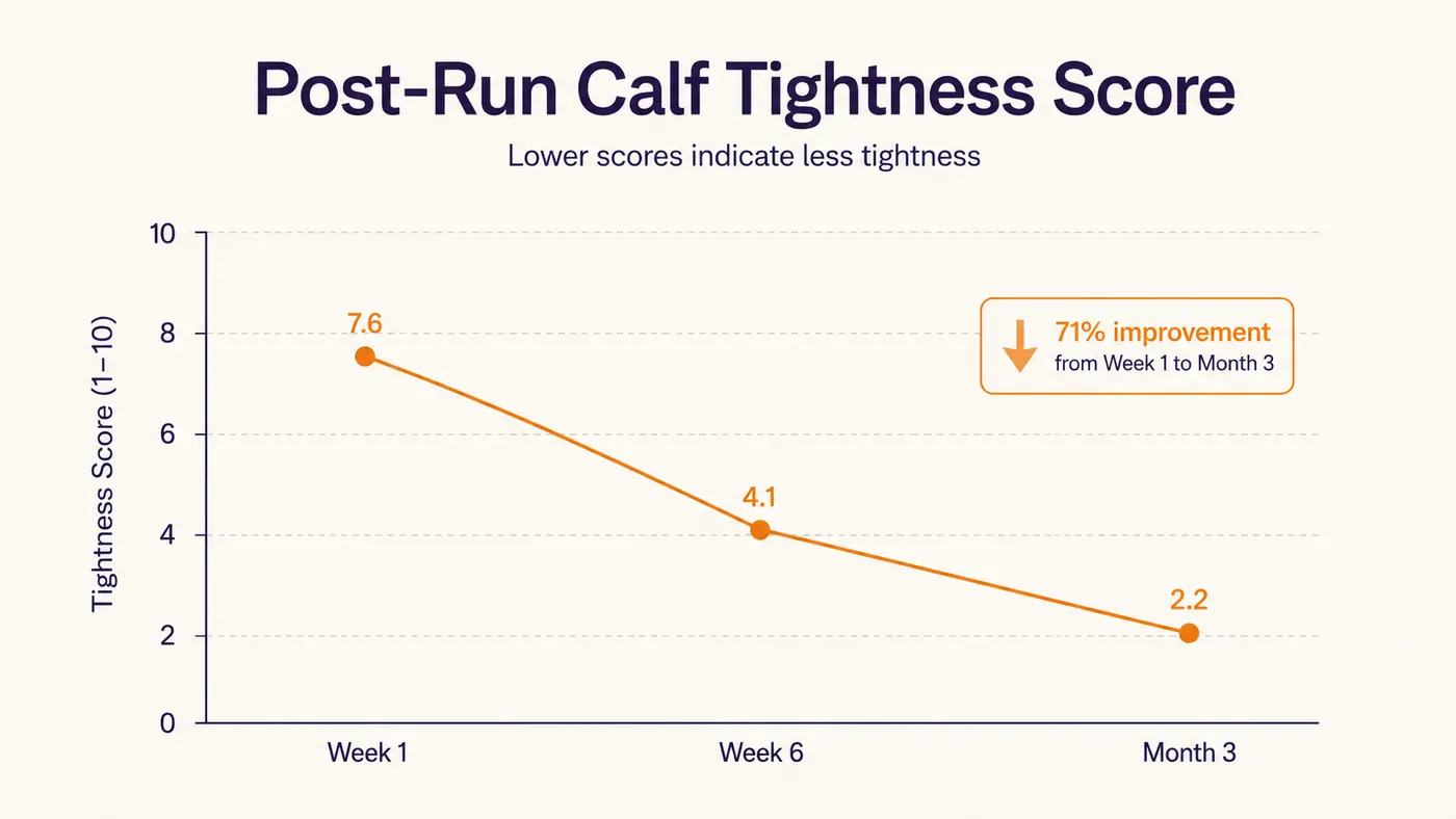 Chart showing calf and glute tightness scores dropping across a training block of vibrating ball use