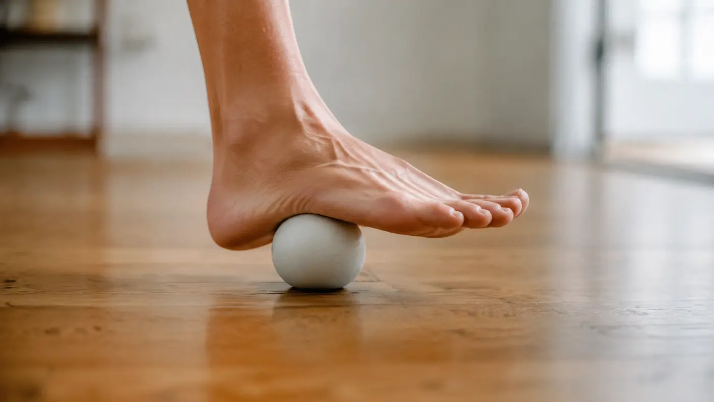 A plain lacrosse ball being used under a bare foot on a hard floor for plantar fascia rolling