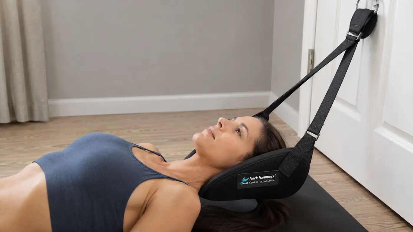 Woman lying back with her head supported in a neck hammock anchored to a door