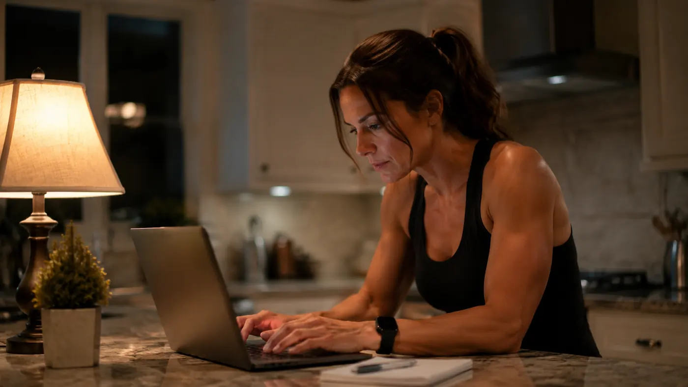 Woman working on a laptop at a kitchen counter in the evening, shoulders rounded forward