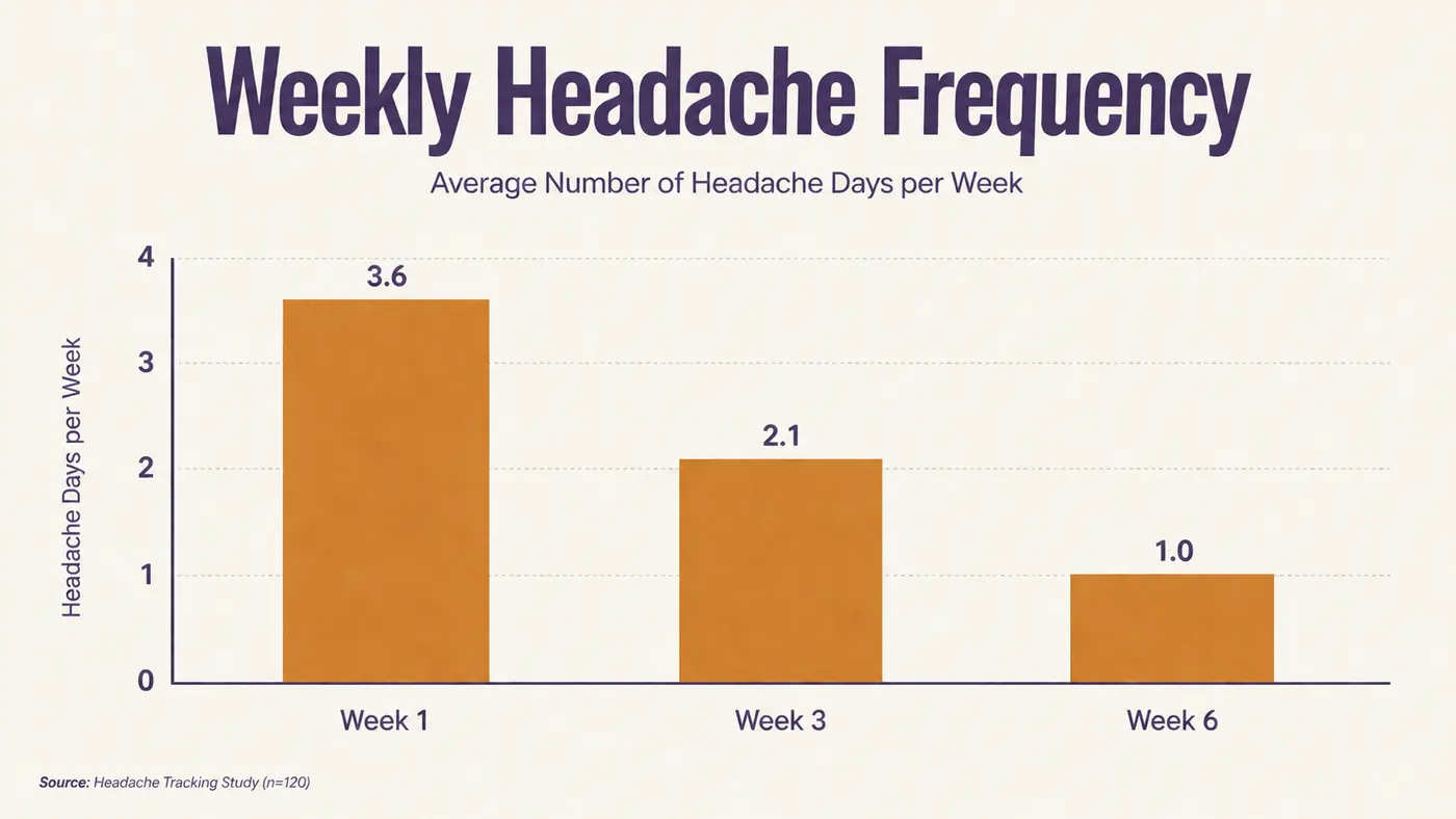 Chart showing weekly tension headache frequency dropping over six weeks of nightly neck hammock use