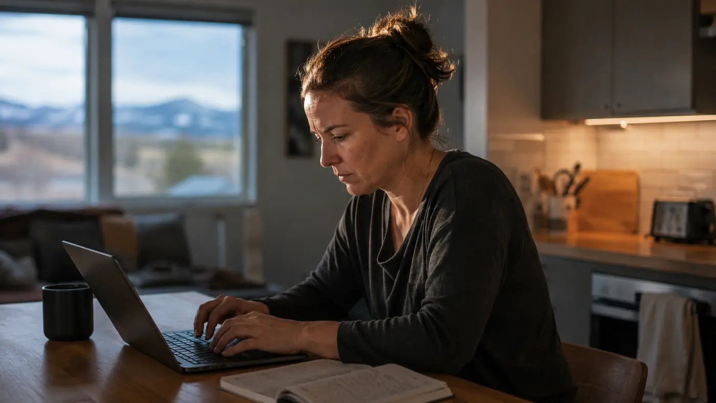 A woman doing evening client notes on a laptop at a kitchen counter with dry Colorado light through the window
