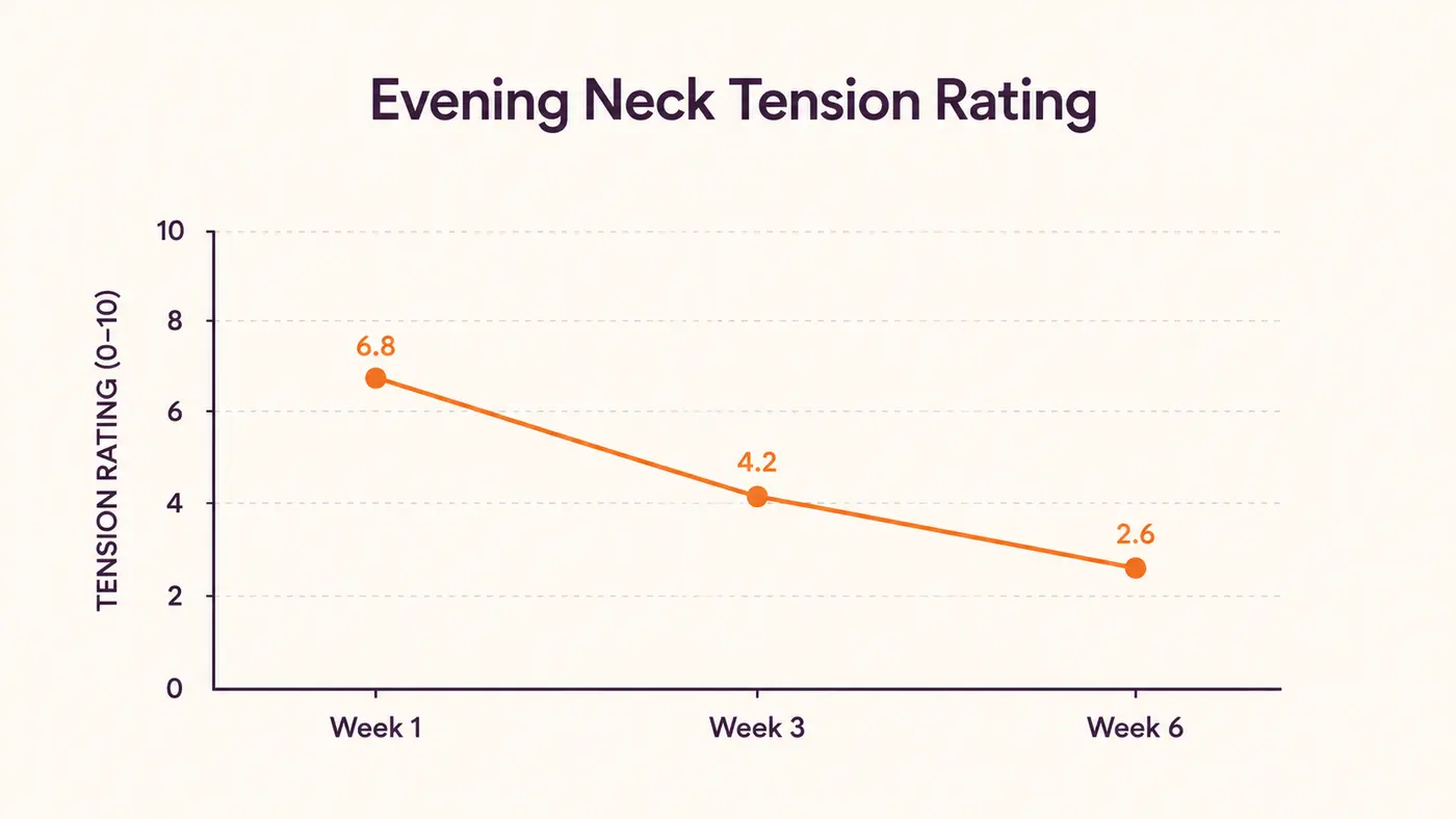 Chart showing self-reported neck and upper trap tension declining across six weeks of evening sessions