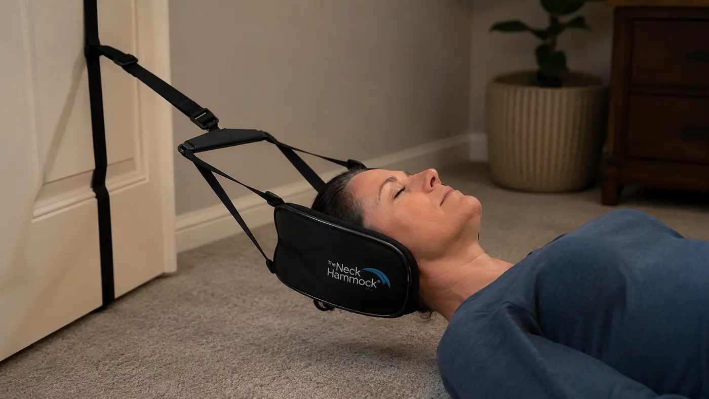 A woman reclining into a neck hammock anchored on a door, head cradled and eyes closed