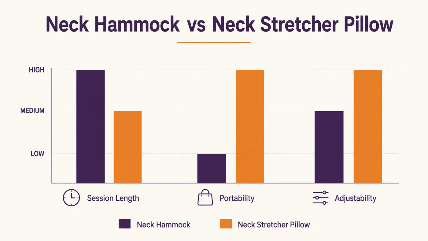 Chart comparing session length, portability, and adjustability between a neck hammock and a foam neck stretcher pillow