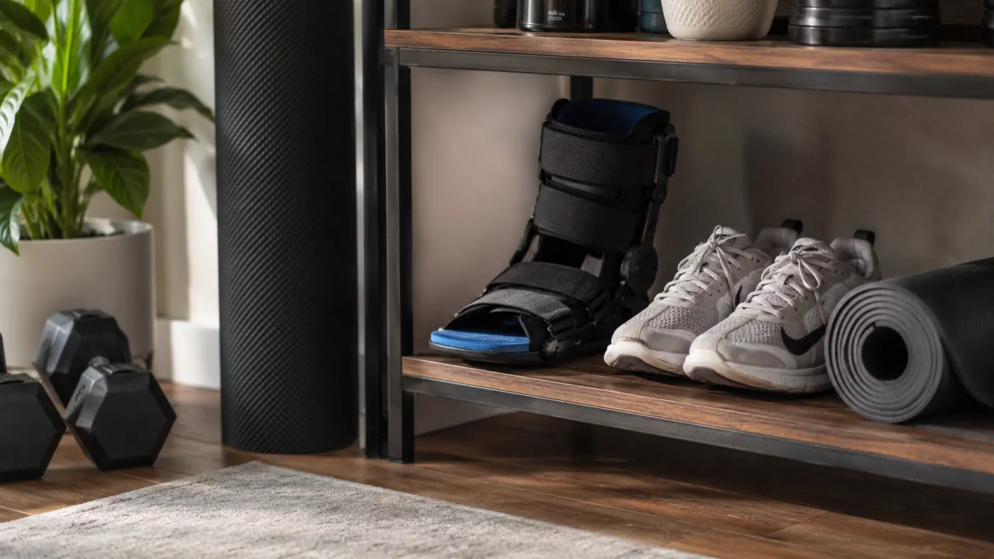A pair of running shoes and a night splint set side by side on a shelf in a small home gym