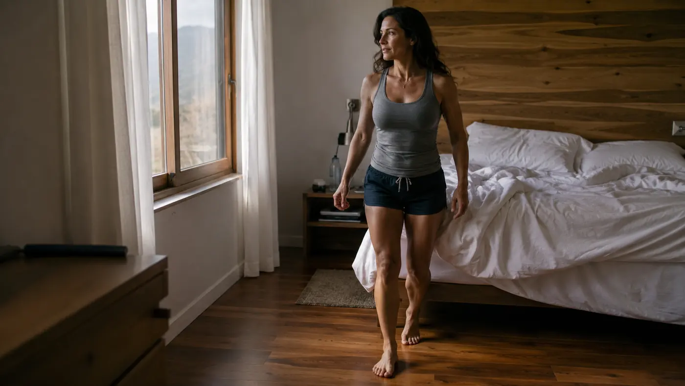 A woman walking barefoot across a hardwood bedroom floor in early morning light