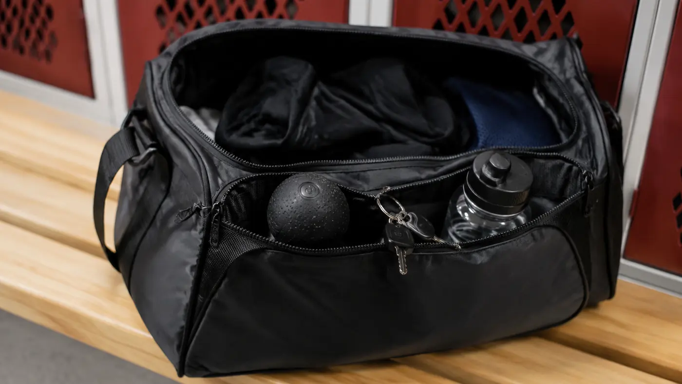 A gym bag on a bench with a vibrating massage ball tucked into the front pocket