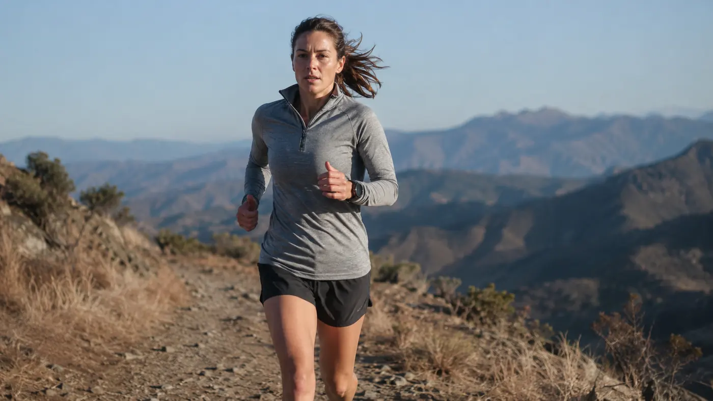 A runner mid-stride on a dry Colorado trail during an early morning long run