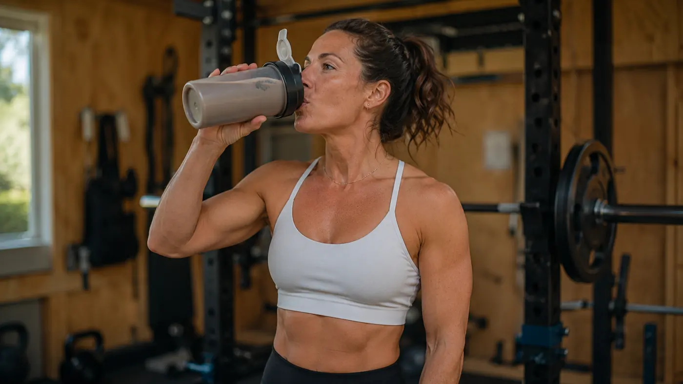 A woman sipping from a shaker bottle mid-set during a barbell lifting session