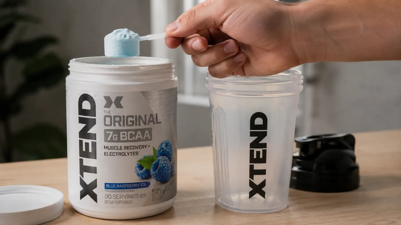 Hand leveling a scoop of blue BCAA powder against the rim of the tub before mixing it into a shaker