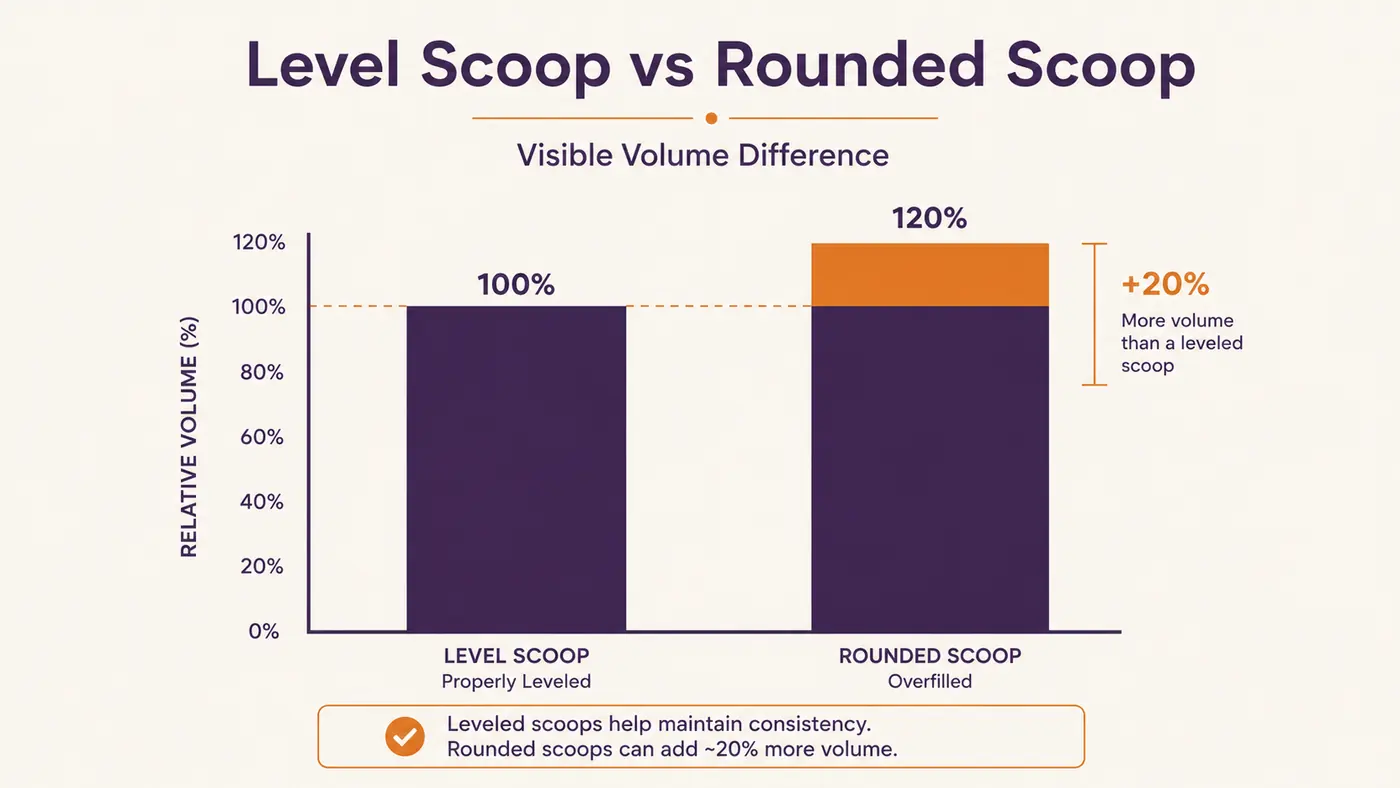 Chart comparing a level scoop versus a rounded scoop of BCAA powder and the visible difference in serving size