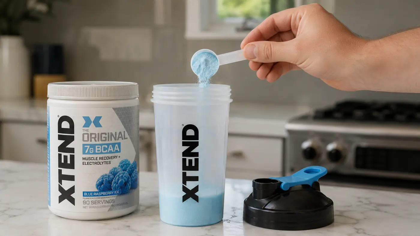 Hand pouring blue raspberry BCAA powder into a shaker bottle before a lifting session