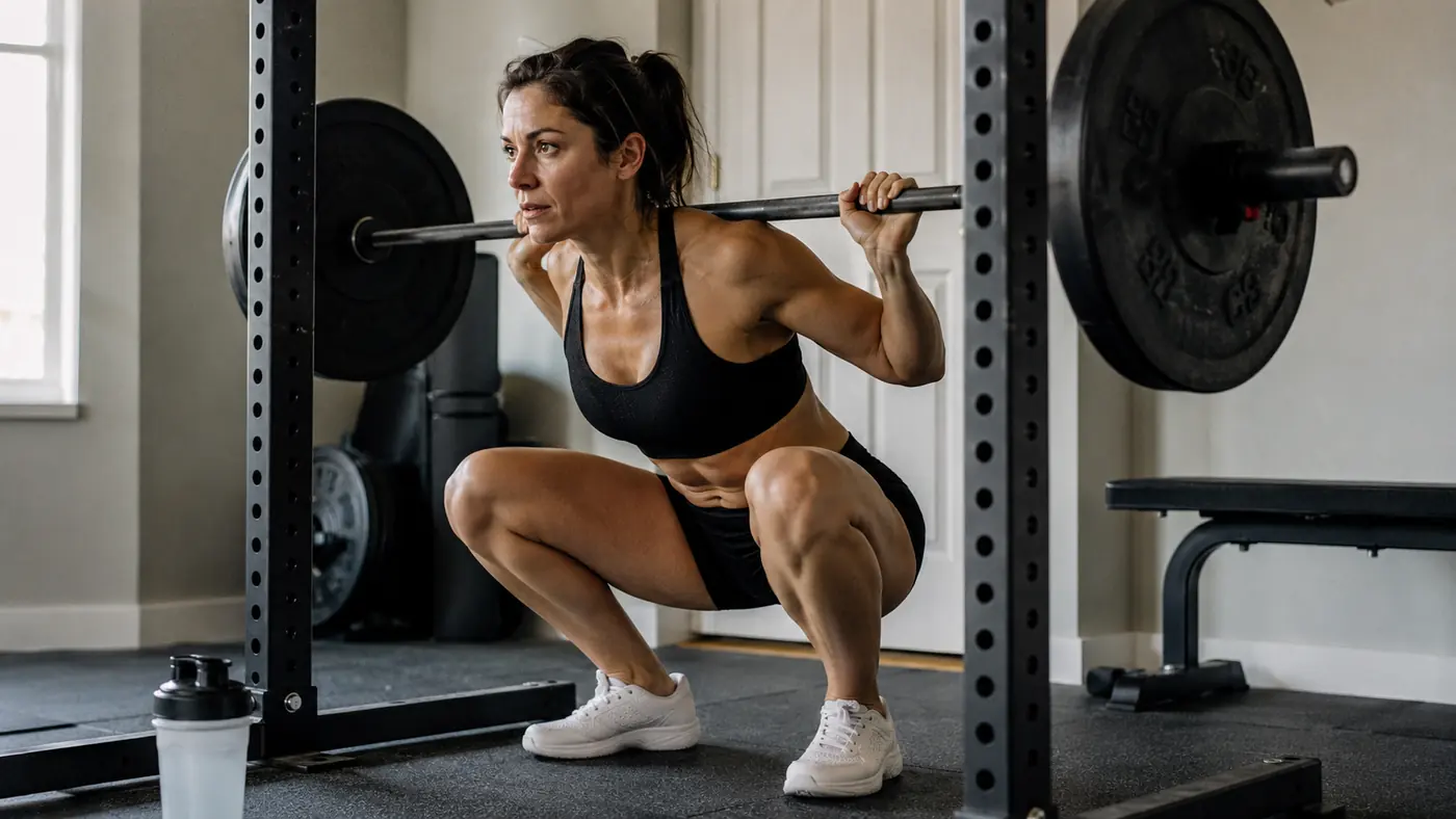 A woman mid-lift at a squat rack in a small home gym with a shaker bottle on the floor nearby