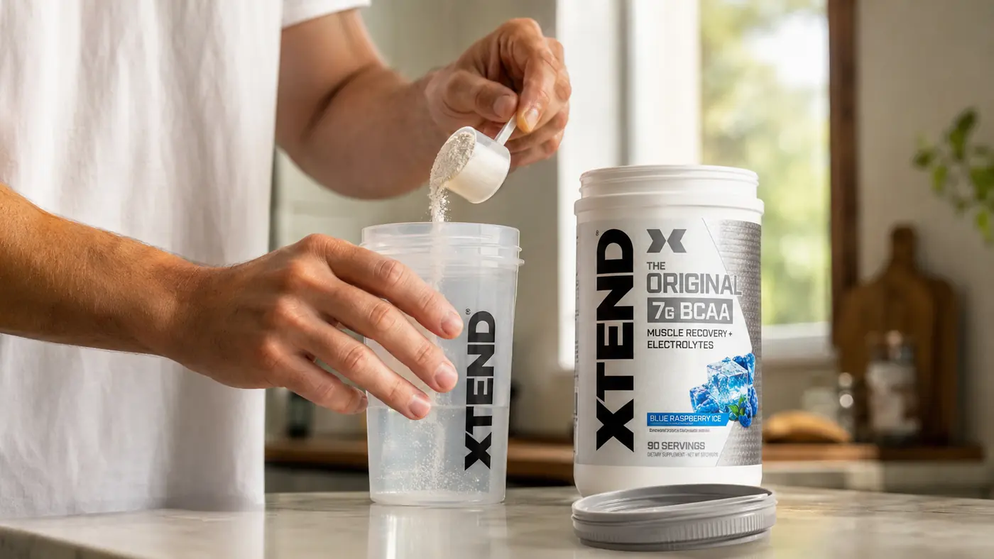 Hands pouring blue raspberry BCAA powder into a shaker bottle before a lifting session