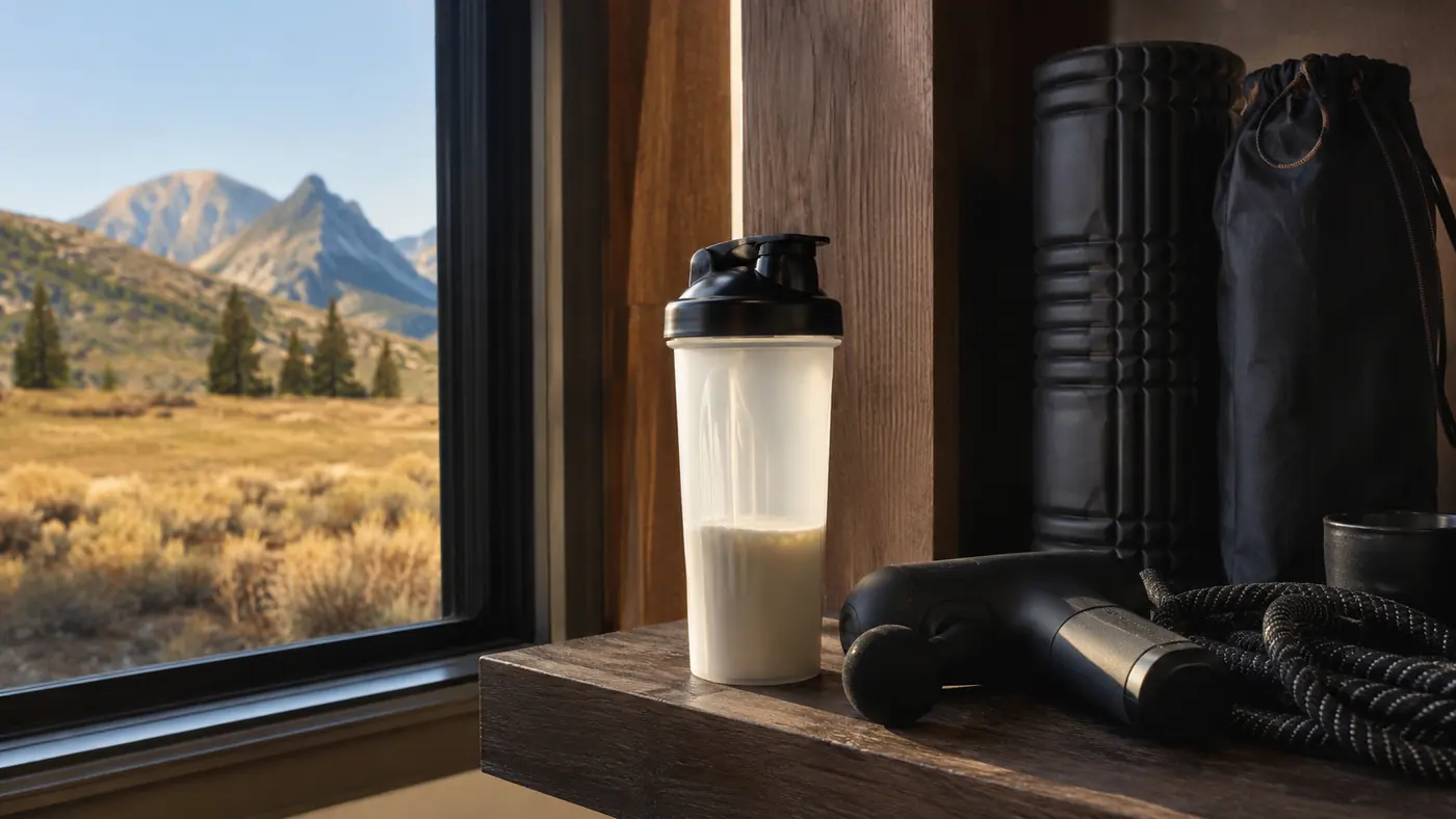 A shaker bottle on a gym shelf with a dry, sunlit Colorado landscape visible through a window