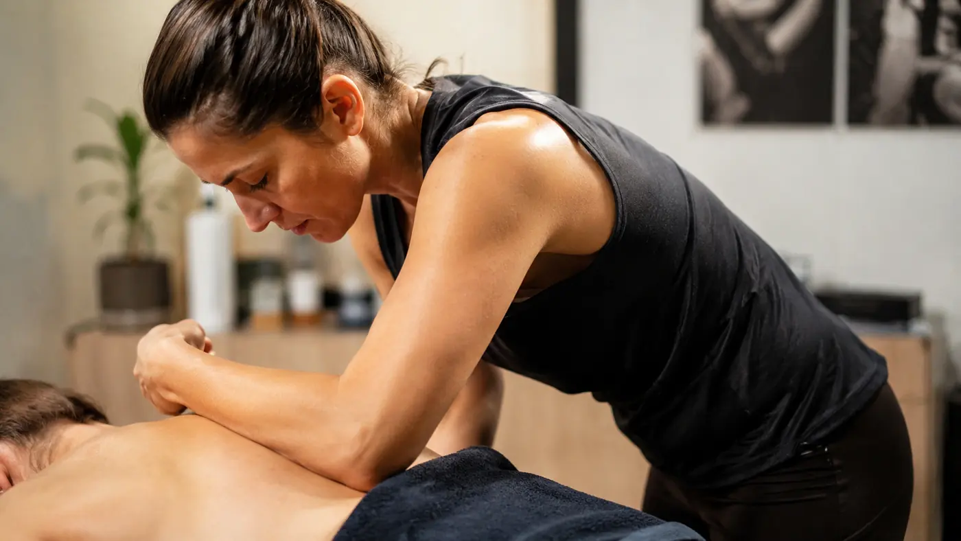 A massage therapist leaning over a treatment table mid-session, the same forward-lean posture that strains the lower back