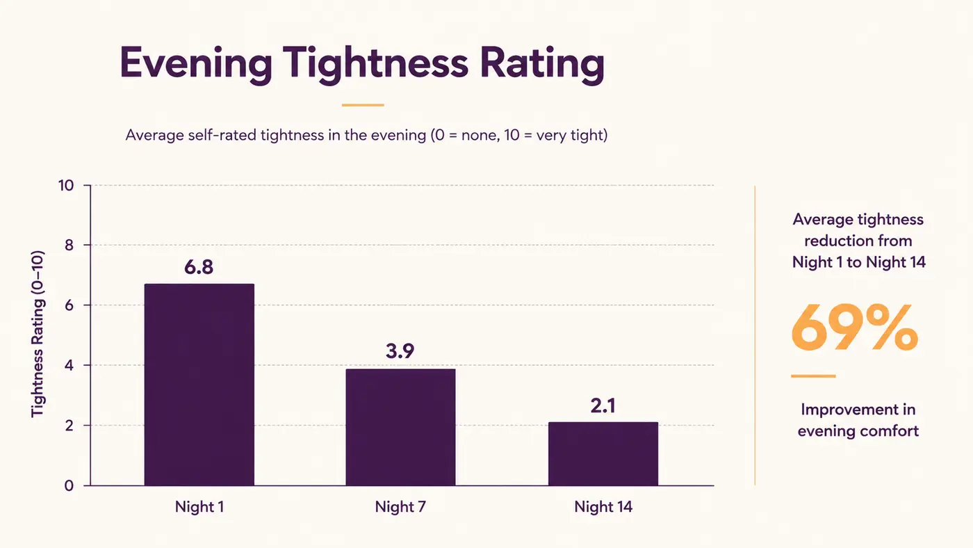 Chart showing evening lower-back tightness rating dropping across two weeks of nightly yoga wheel use